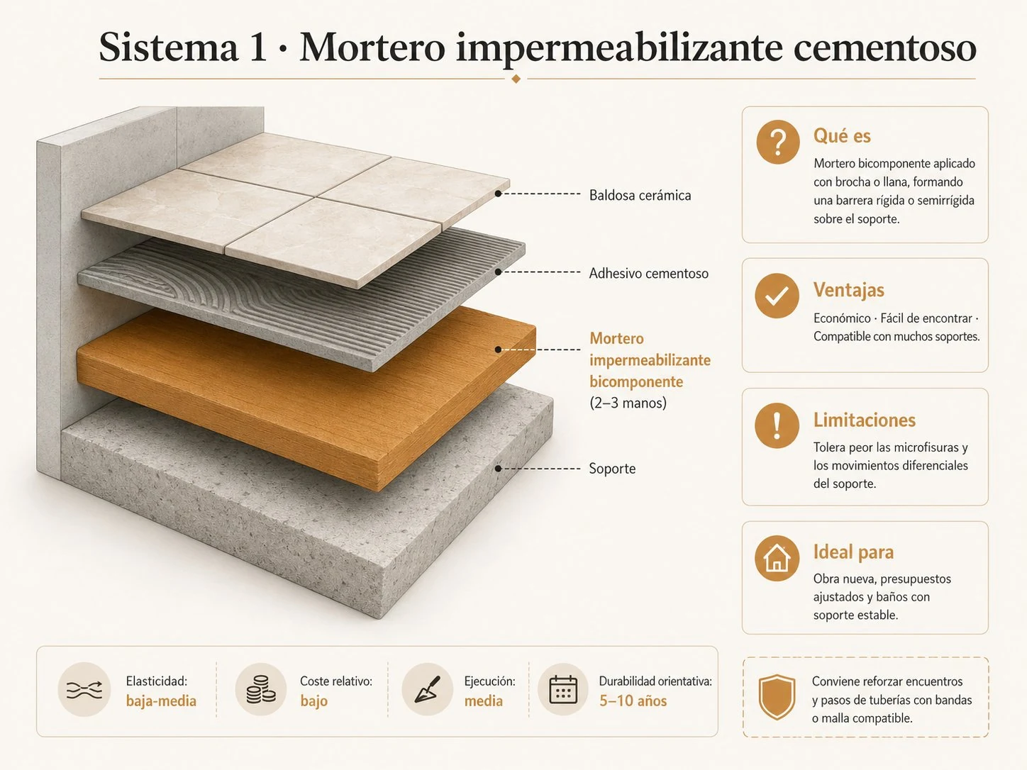 Sistema 1: mortero impermeabilizante cementoso. Sección de capas: soporte, mortero impermeabilizante bicomponente aplicado en 2-3 manos, adhesivo cementoso y baldosa cerámica. Elasticidad baja-media, coste bajo, durabilidad 5-10 años