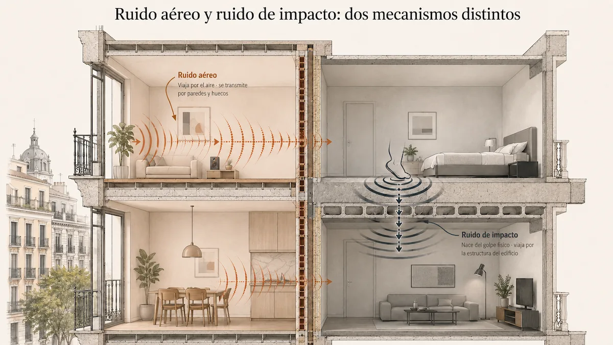 Sección de edificio residencial con dos plantas: planta superior con ruido aéreo representado por ondas de presión en terracota viajando horizontalmente a través de la pared medianera, planta inferior con ruido de impacto representado por ondas oscuras descendiendo verticalmente a través del forjado de hormigón hasta el techo del piso inferior