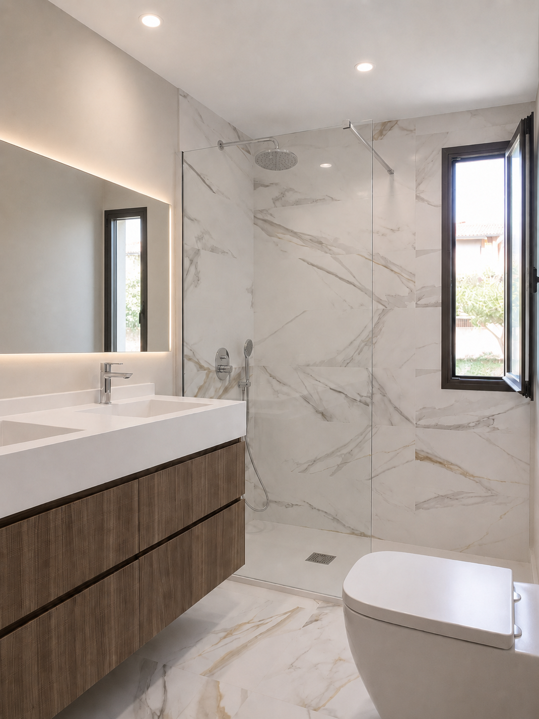 Baño terminado con mármol y madera en vivienda de Madrid noroeste